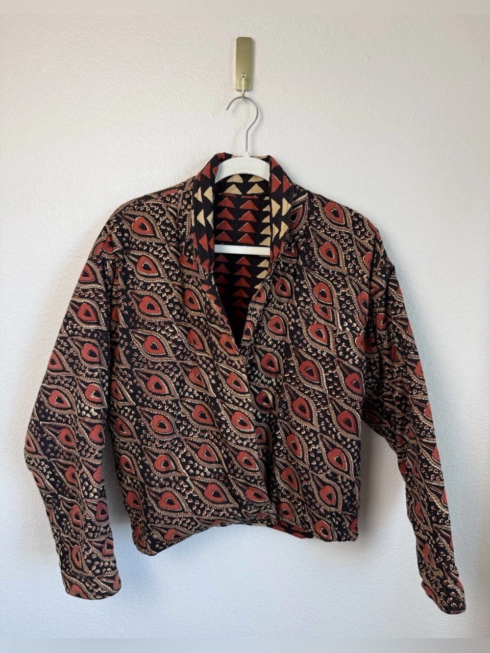 Reversible Indian Block Print Jacket Womens L XL Black Rust Boho Artisan Earthy